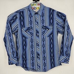 Rock & Roll Denim Shirt Mens Large Blue Aztec Western Pearl Snap Rodeo